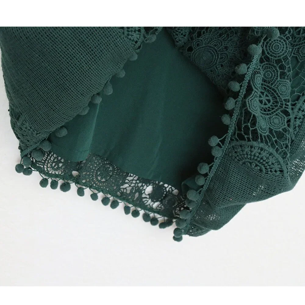 Tularosa Revolve Clayton Tunic Mini Dress L Hunter Green Pom Pom Trim Lace $210 - Picture 15 of 16